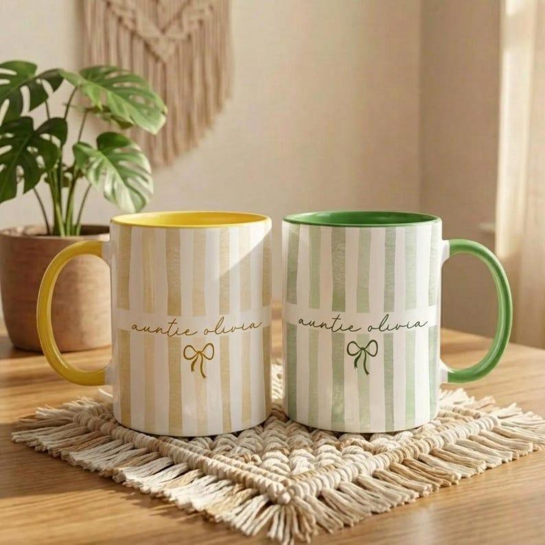 [Flash Deals] BojjiArtist Personalized Name Coffee Accent Mug, Custom Watercolor Stripe Ceramic Cup with Bow, Unique Mother's Day Gift for Auntie, Aesthetic Personalized Birthday Gift for Her 4