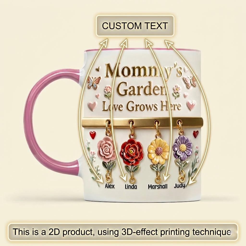 Personalized Mommy's Garden Mug, Custom Birth Flower And Name Coffee Cup, Mother's Day Gift, 3D Inflated Effect Print 2D Ceramic Mug, Unique Gift For Grandma Nana 2