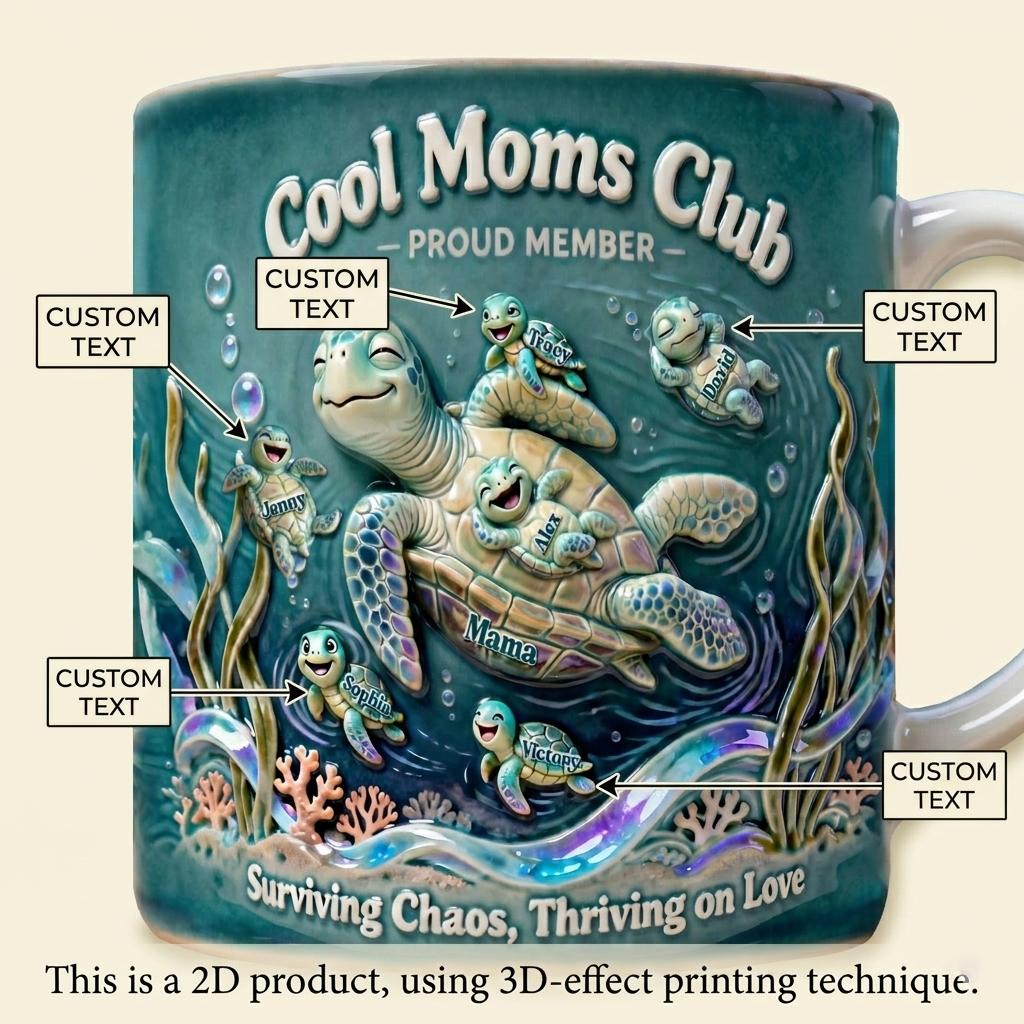 Personalized Cool Moms Club Proud Member Turtle Mug, Custom Names Cup, Mother's Day Gift, 3D Inflated Effect Print 2D Mug, Unique Gift For Mom Grandma Nana Mama 2