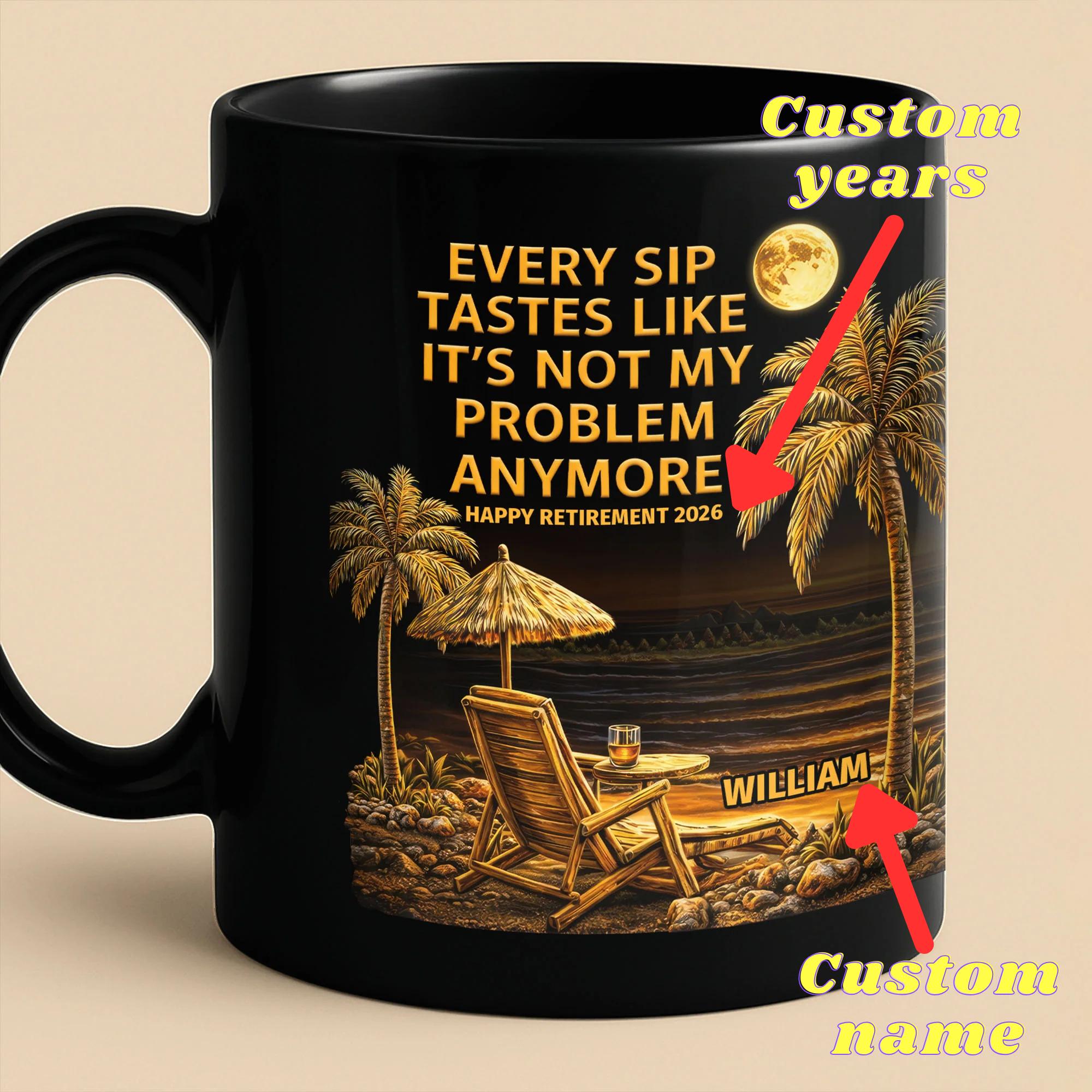 [Flash Deals] BojjiArtist Personalized Happy Retirement 2026 Coffee Mug – Custom Name Funny “Not My Problem Anymore” Beach Gift, Sunset Tropical Vacation Vibe Cup 2