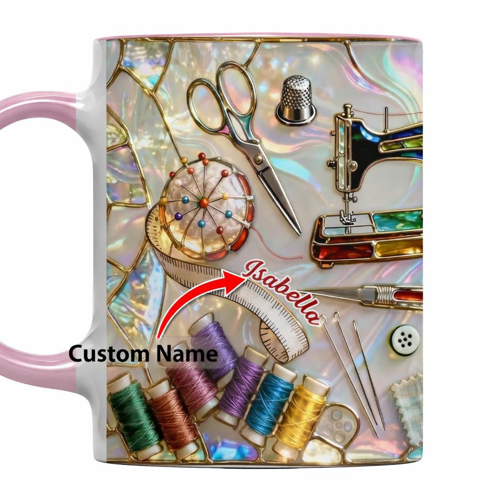 Personalized Iridescent Sewing Coffee Mug, Custom Name Stained Glass Effect Quilter Cup, Seamstress Hobbyist Drinkware, Holographic Crafting Supplies Mug 2