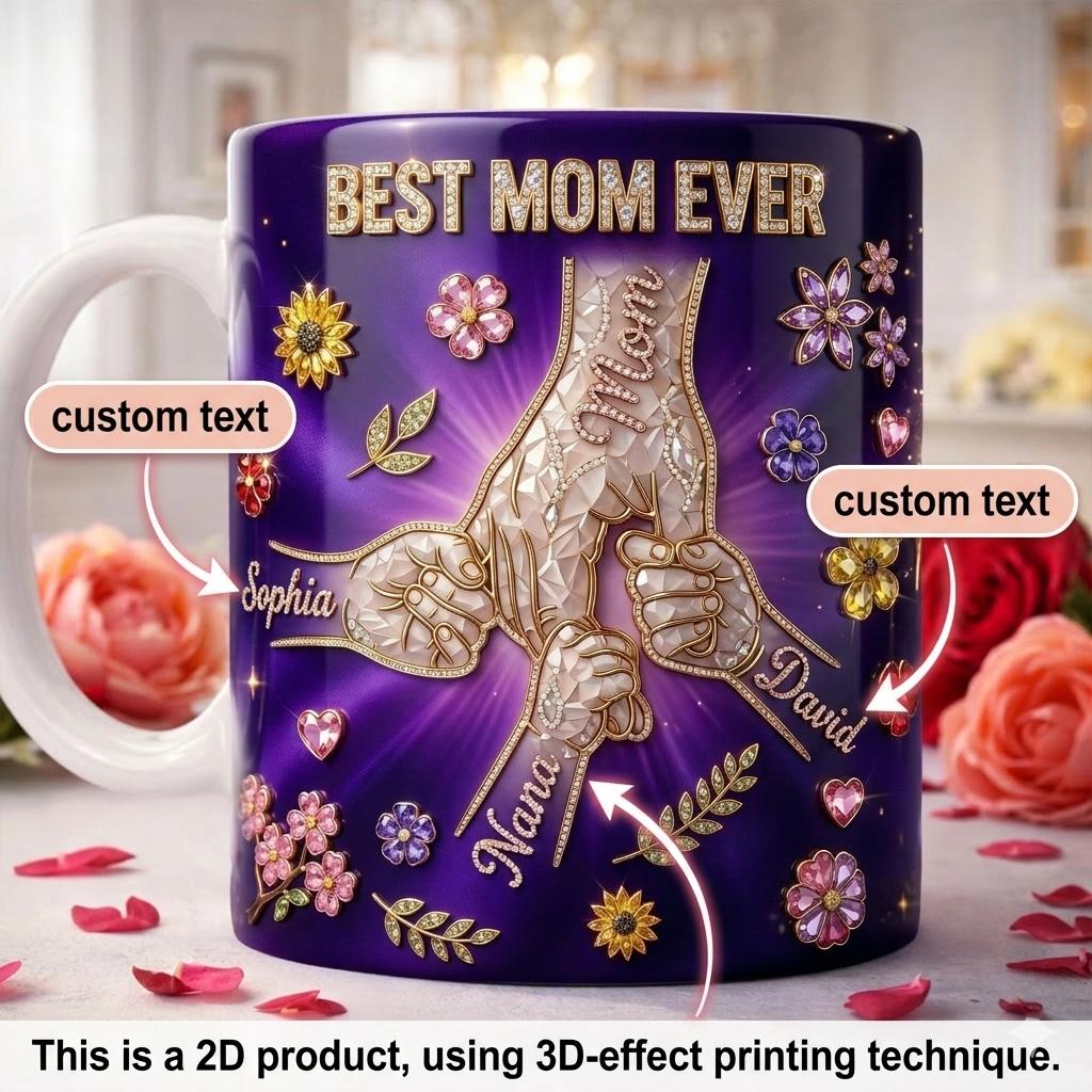 Personalized Best Mom Ever Mug, Custom Names Floral Jewelry, Mother And Kids Holding Hands Cup, Mother's Day Gift, 3D Diamond Effect Print 2D Ceramic Mug, Family Fist Bump Jewelry, Gift For Nana Grandma Mama 2