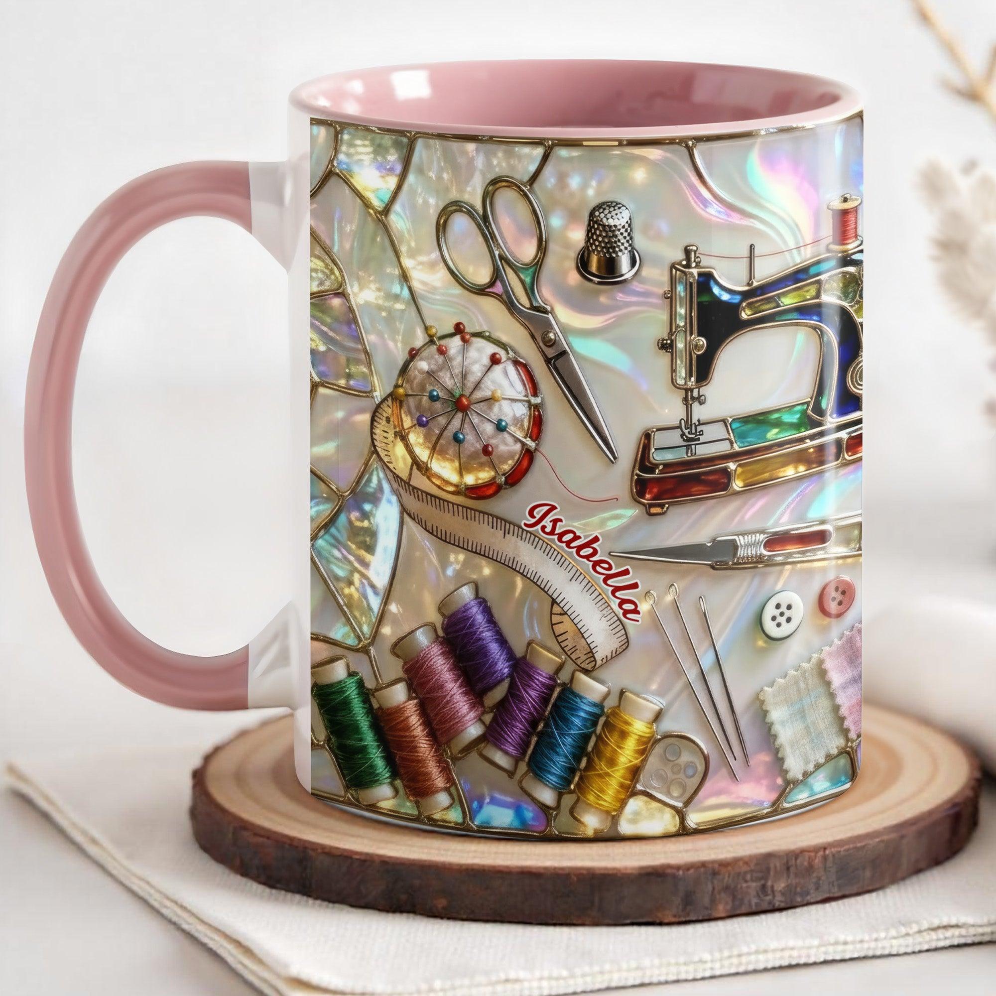 Personalized Abalone Shell Sewing Machine Stained Glass Mug, Custom Name Coffee Cup, Mother's Day Gift For Sewer, 3D Inflated Effect Print 2D Ceramic Mug, Iridescent Choice Of Color, Gift For Grandma Nana Mom 4