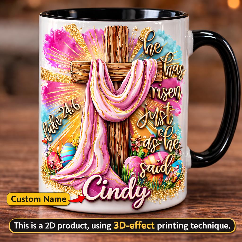 Personalized Easter He Has Risen Mug, Custom Name Religious Cross Coffee Cup, Luke 24:6 Bible Verse Drinkware, Pink Coquette Faith Based Cup, Aesthetic Christian Devotional Gift, Resurrection Sunday Keepsake 2