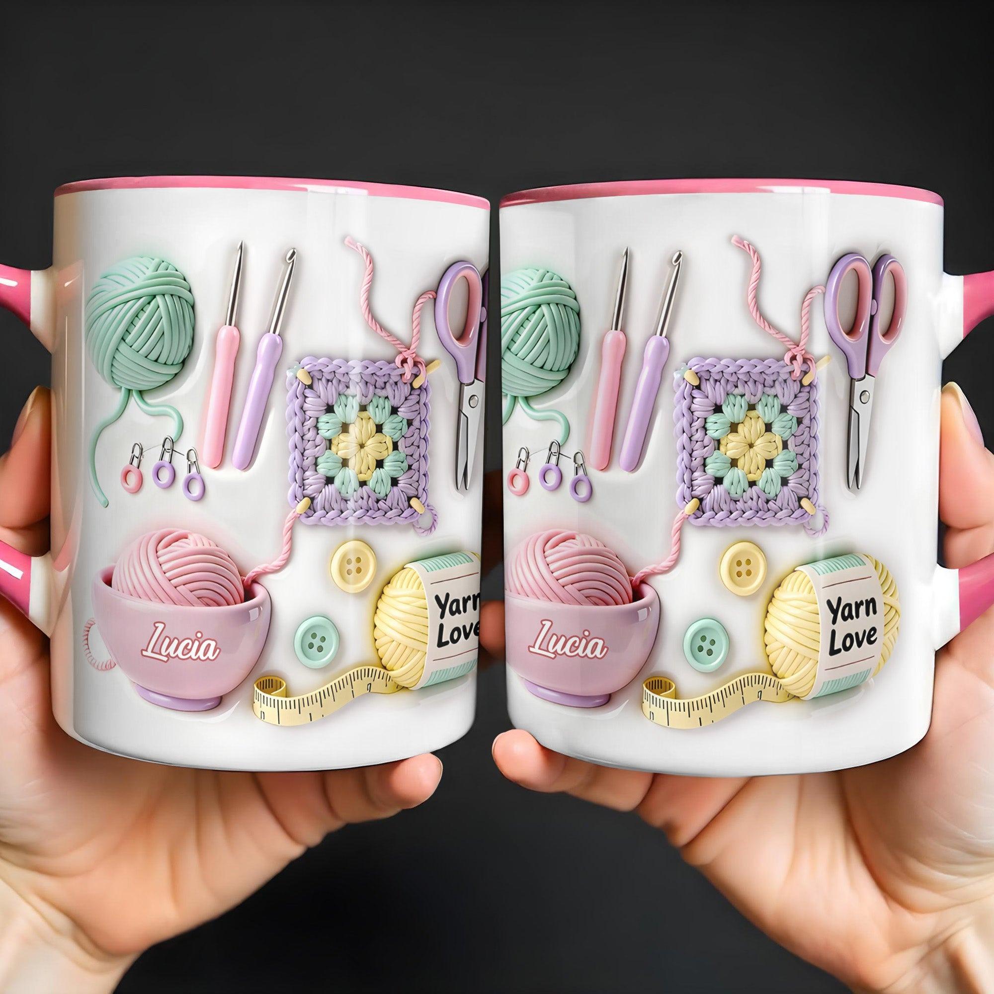 Personalized 2D Effect Crochet Coffee Mug, Custom Name Yarn Lover Ceramic Cup, Pastel Knitting Supplies Aesthetic Gift, Hobbyist Maker Crafting Mug 4