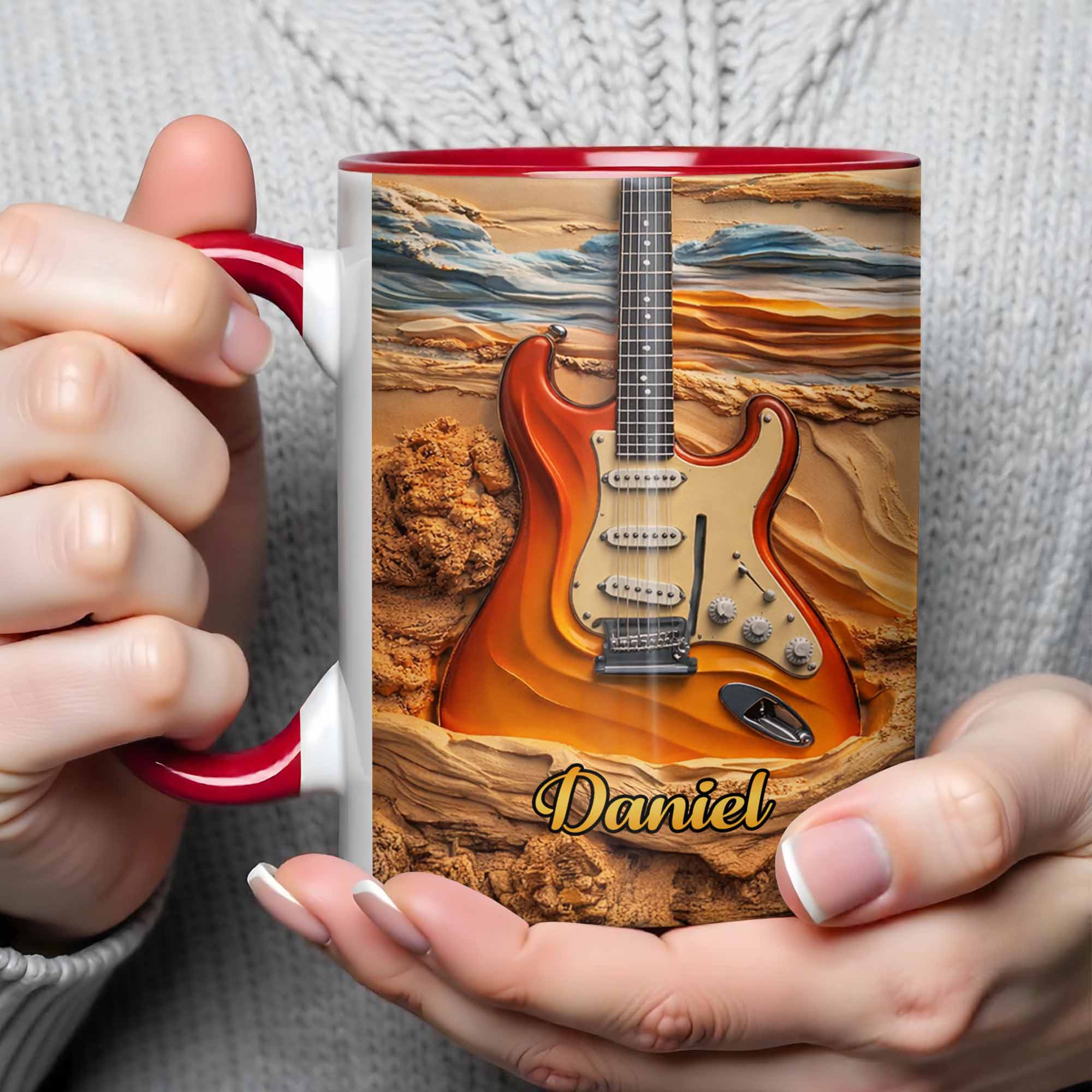 [Flash Deals] BojjiArtist Personalized Electric Guitar Canyon Coffee Mug – Custom Name Rockstar Gift, 3D Effect Sunburst Guitar Illustration Cup, Music Teacher Appreciation Present 3