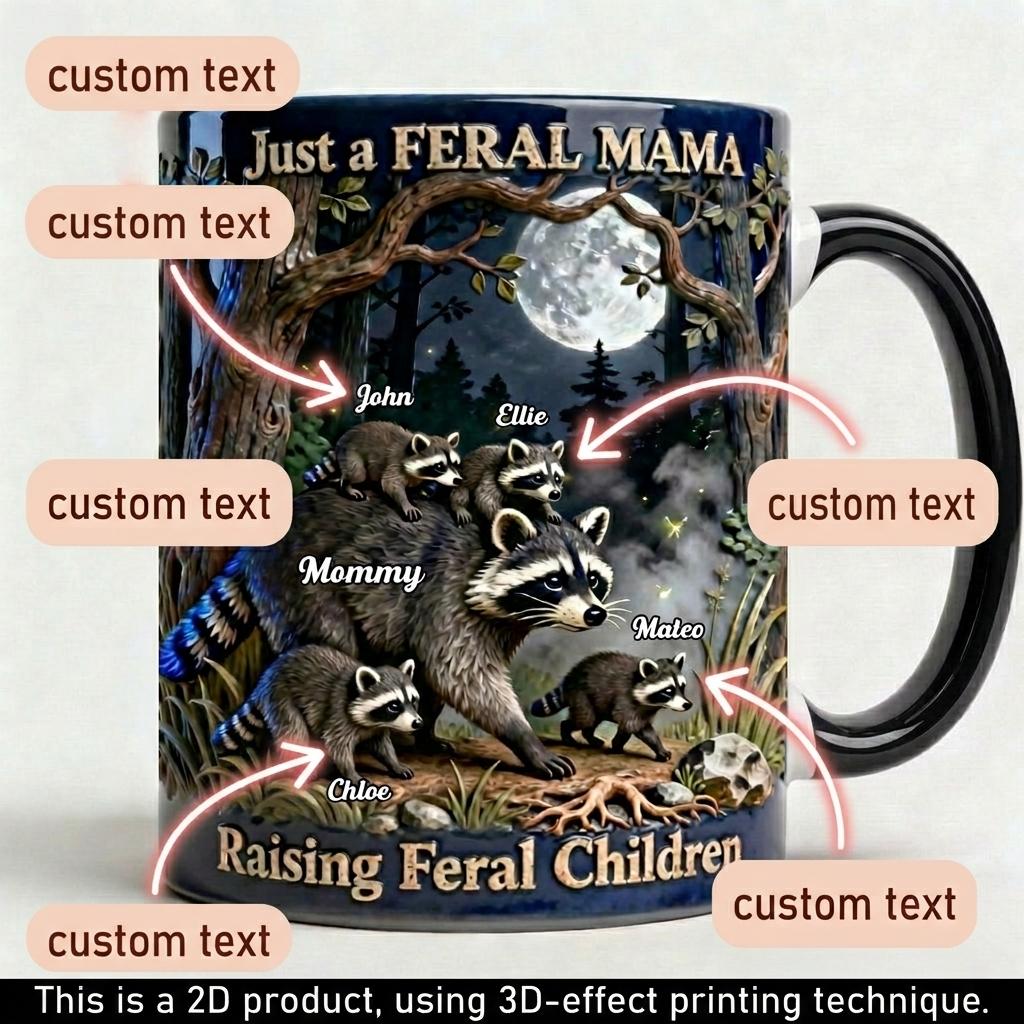 Personalized Feral Mama Mug, Custom Name Raccoon Raising Feral Children, Mother's Day Gift, 3D Inflated Effect Print 2D Ceramic Cup, Funny Mom Gift 2