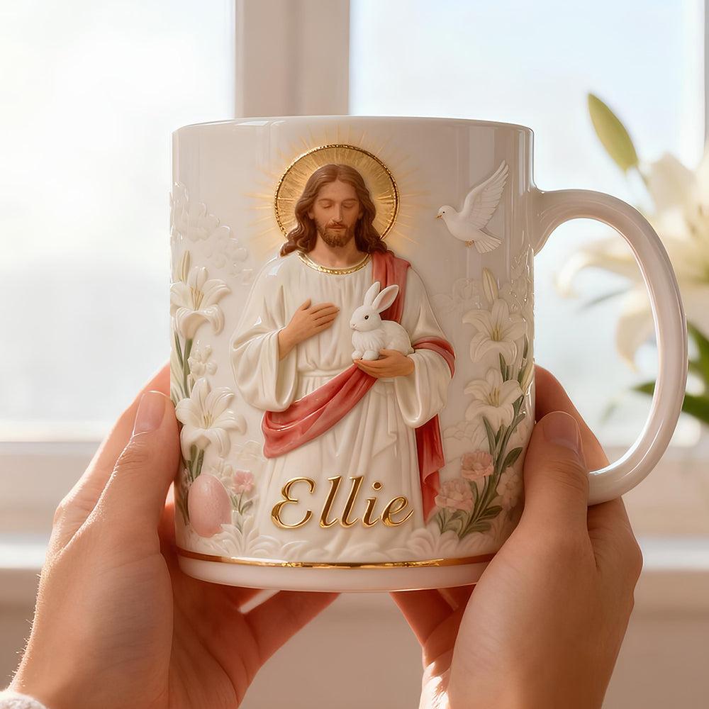Personalized Jesus Easter Mug, Custom Name Religious Coffee Cup, Christian Mother's Day Gift, 3D Inflated Effect Print 2D Ceramic Mug, Rabbit Lily Spiritual Gift 3