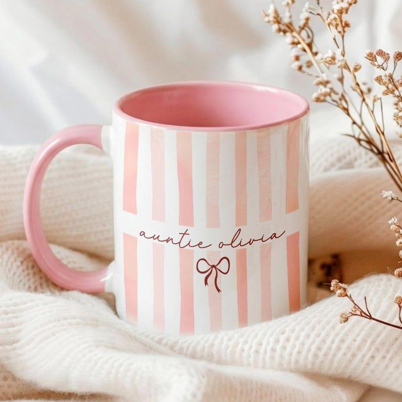 [Flash Deals] BojjiArtist Personalized Name Coffee Accent Mug, Custom Watercolor Stripe Ceramic Cup with Bow, Unique Mother's Day Gift for Auntie, Aesthetic Personalized Birthday Gift for Her 2