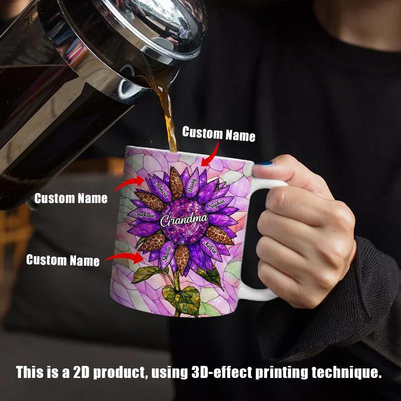 Personalized Stained Glass Sunflower Mug, Custom Names Coffee Cup, Mother's Day Gift, 3D Inflated Effect Print 2D Ceramic Mug, Choice Of Color, Gift For Grandma Nana 4