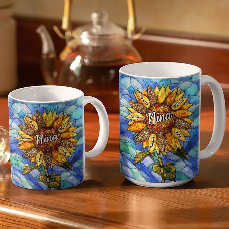 Personalized Stained Glass Sunflower Mug, Custom Names Coffee Cup, Mother's Day Gift, 3D Inflated Effect Print 2D Ceramic Mug, Choice Of Color, Gift For Grandma Nana 2
