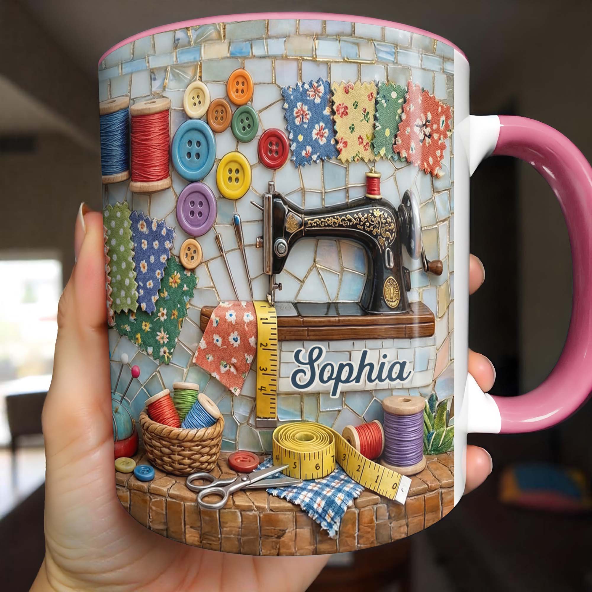 [Flash Deals] BojjiArtist Personalized Vintage Sewing Machine Full Bleed Coffee Mug – Custom Name Seamstress Gift, 3D Effect Quilting Room Illustration, Colorful Crafting Cup for Sewing Lovers 3