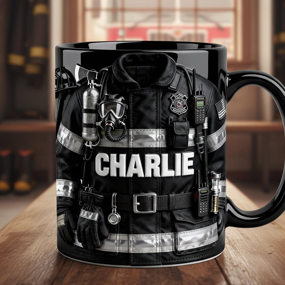 Personalized Firefighter Turnout Gear Mug, Custom Name Fireman Coffee Cup, First Responder Aesthetic Drinkware, Hero Gift for Him, Volunteer Firefighter Commemorative Mug, Fire Chief Gear Graphic Cup 2