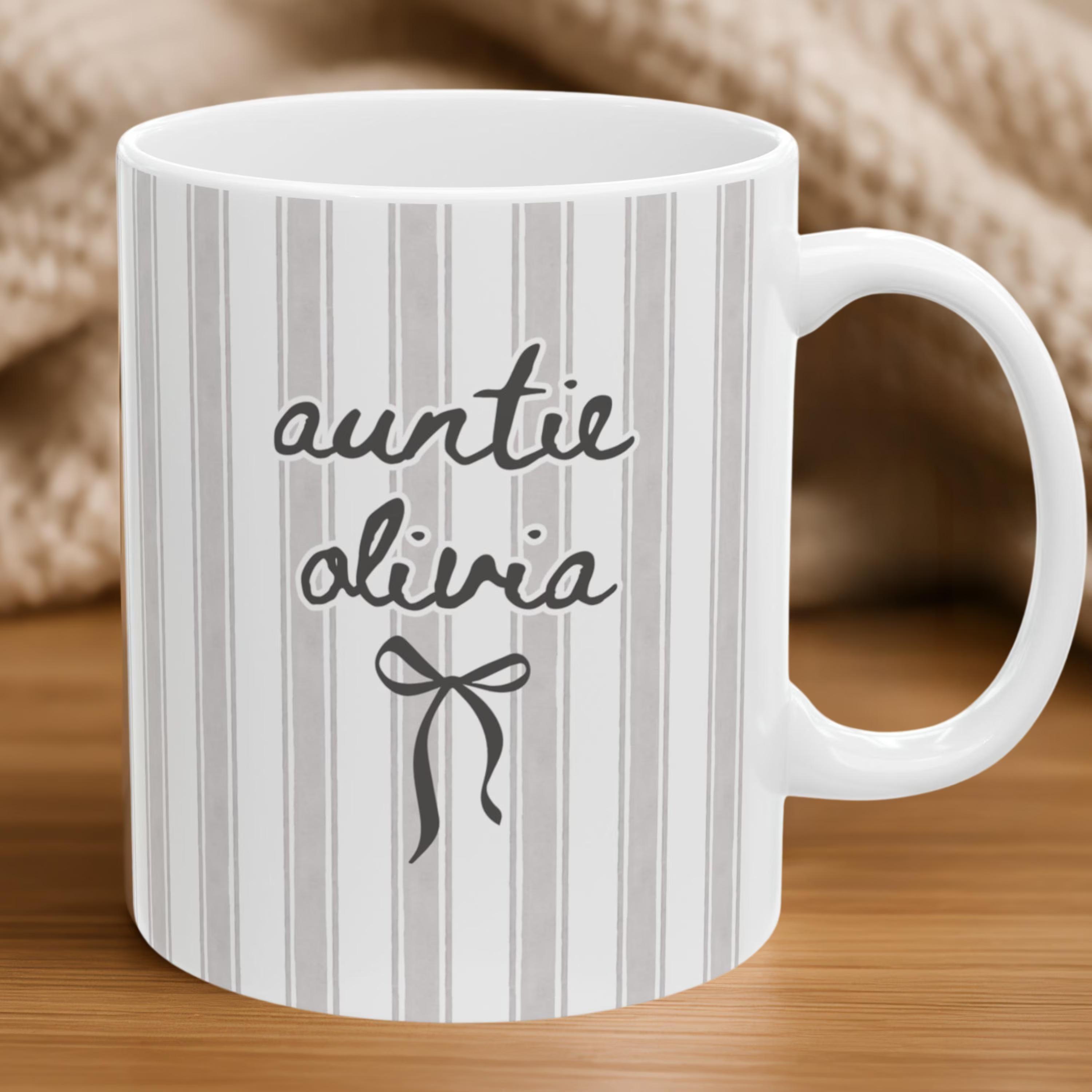 [Flash Deal] BojjiArtist Custom Auntie Name Coffee Mug – Personalized Future Mrs Coquette Bow Cup, Aesthetic Striped Pastel Ceramic Mug With Ribbon, Whimsical Auntie Grandma Mama Gift Idea 4