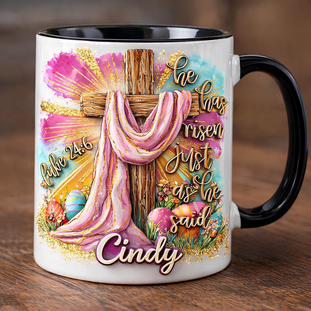 Personalized Easter He Has Risen Mug, Custom Name Religious Cross Coffee Cup, Luke 24:6 Bible Verse Drinkware, Pink Coquette Faith Based Cup, Aesthetic Christian Devotional Gift, Resurrection Sunday Keepsake 4