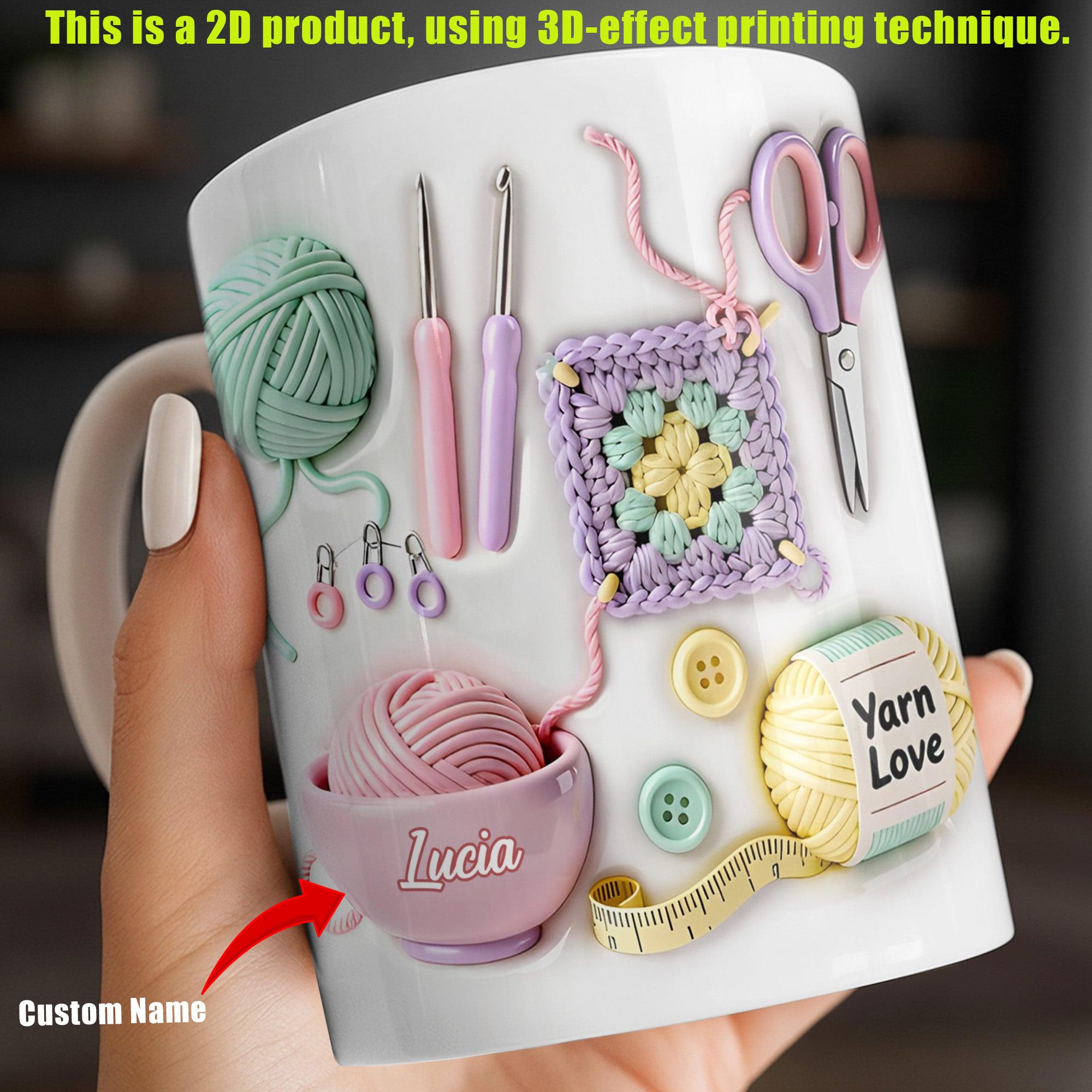 Personalized Yarn Love Crochet Mug, Custom Name Granny Square Coffee Cup, Mother's Day Gift, 3D Inflated Effect Print 2D Ceramic Mug, Unique Gift For Crafter Nana 3