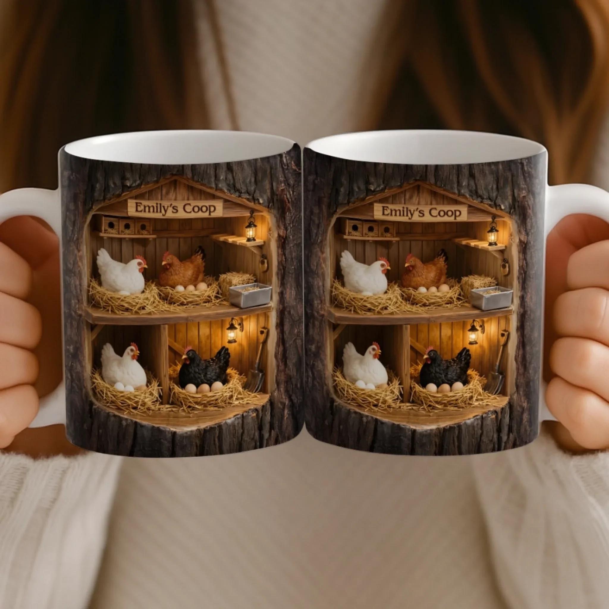 Personalized Chicken Coop Mug, Custom Name Farmhouse Coffee Cup, Mother's Day Gift, 3D Inflated Effect Print 2D Ceramic Mug, Hen Chicken Lover Gift For Mom Nana 3