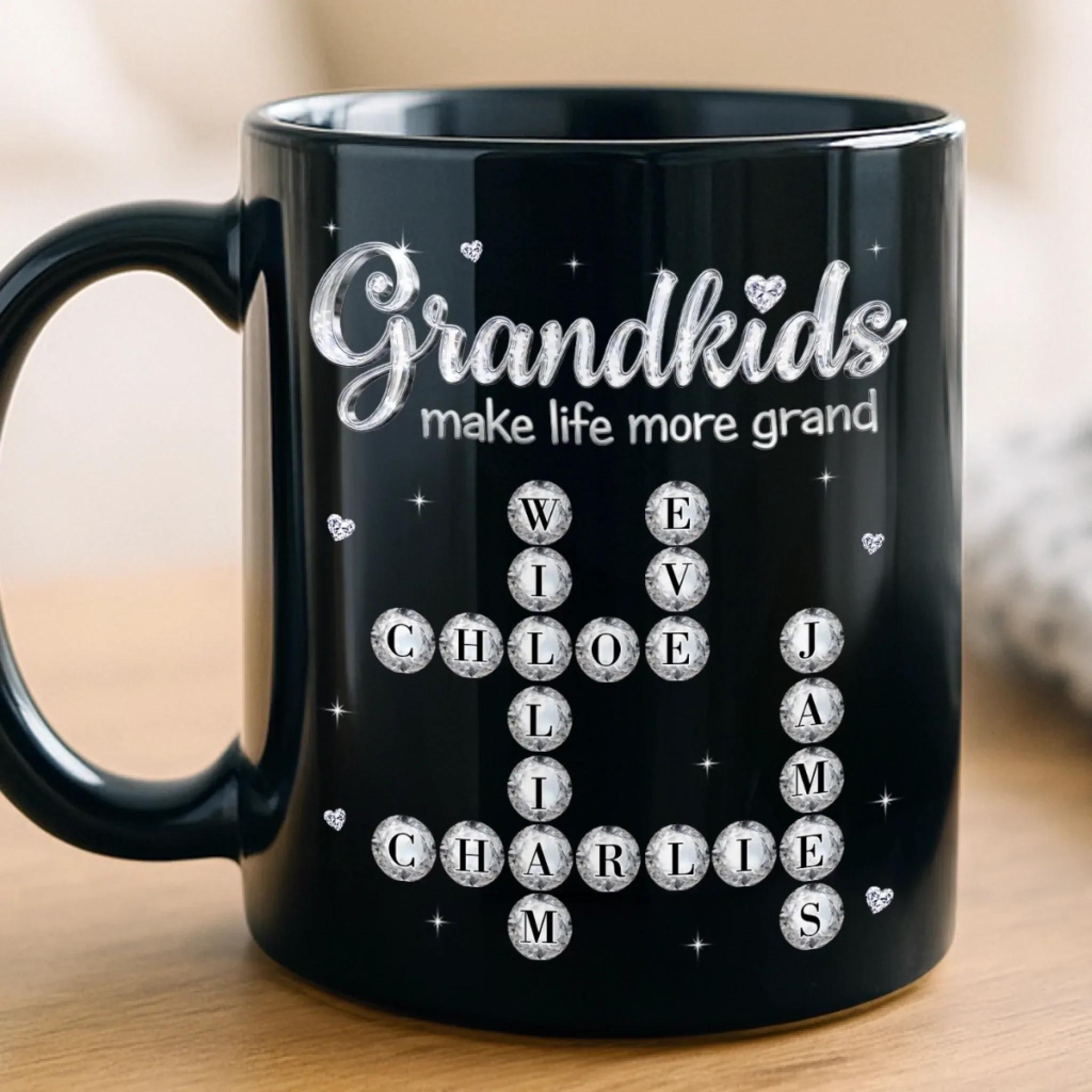 Personalized Grandkids Crossword Mug, Custom Name Diamond Coffee Cup, Mother's Day Gift, 3D Inflated Effect Print 2D Ceramic Mug, Gift For Grandma Nana Gigi 3