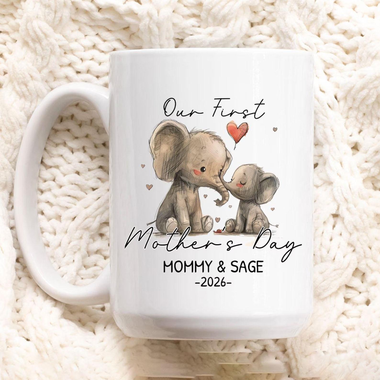 [Flash Deal] BojjiArtist Personalized Our First Mother’s Day 2026 Elephant Mug – Custom Name Mommy & Baby Coffee Cup, Whimsical Watercolor Mama Gift Idea For Mother's Day, Aesthetic New Mom Keepsake 3