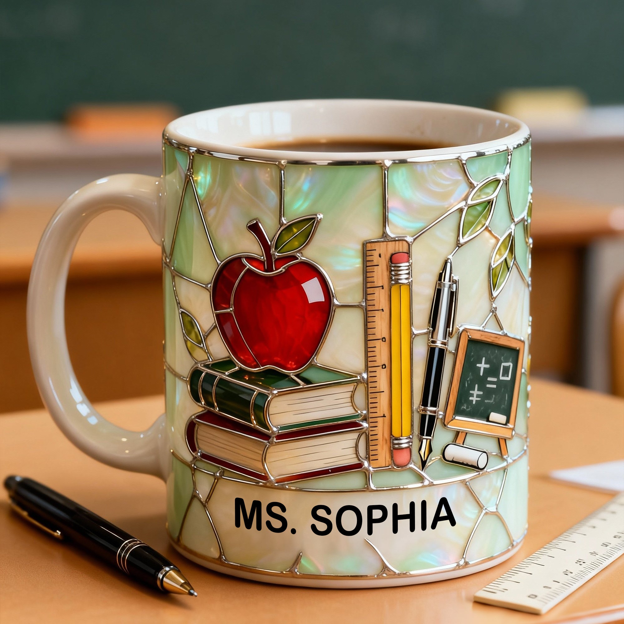 Personalized Stained Glass Teacher Mug, Custom Name Teacher Appreciation Gift, Aesthetic Classroom Coffee Cup, Ms. Sophia Custom Mug, Apple & Books School Themed Drinkware, Back to School Gift for Teachers, Educational Icon 2