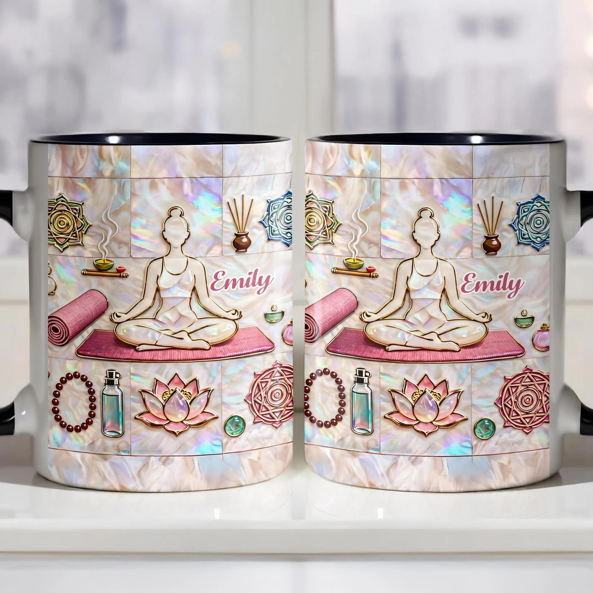 [Flash Deals] BojjiArtist Personalized Yoga Meditation Abalone Sell Coffee Mug – Custom Name Zen Wellness Gift, Iridescent Mother of Pearl Effect Ceramic Cup, Yoga Teacher Appreciation Present 3