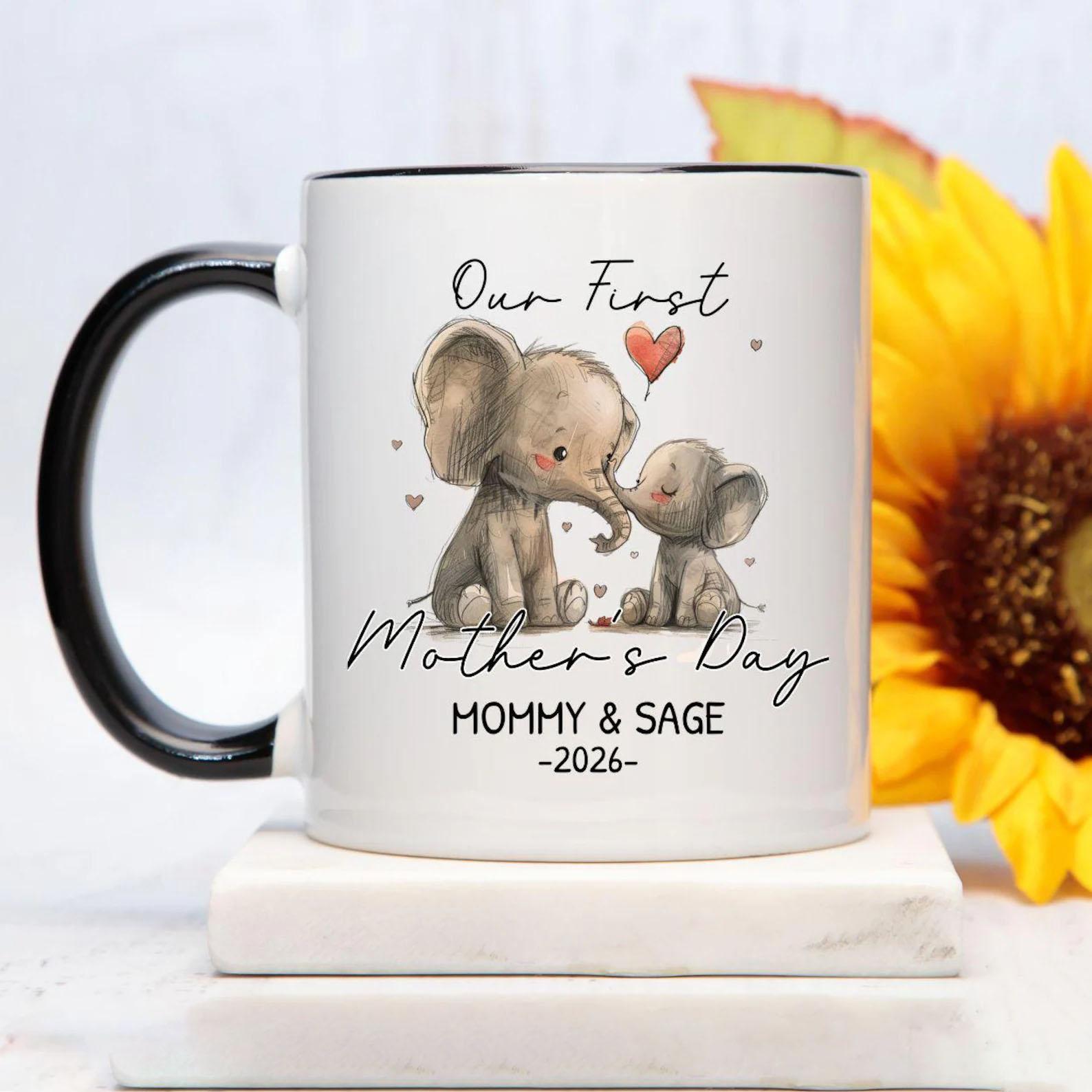 [Flash Deal] BojjiArtist Personalized Our First Mother’s Day 2026 Elephant Mug – Custom Name Mommy & Baby Coffee Cup, Whimsical Watercolor Mama Gift Idea For Mother's Day, Aesthetic New Mom Keepsake 4