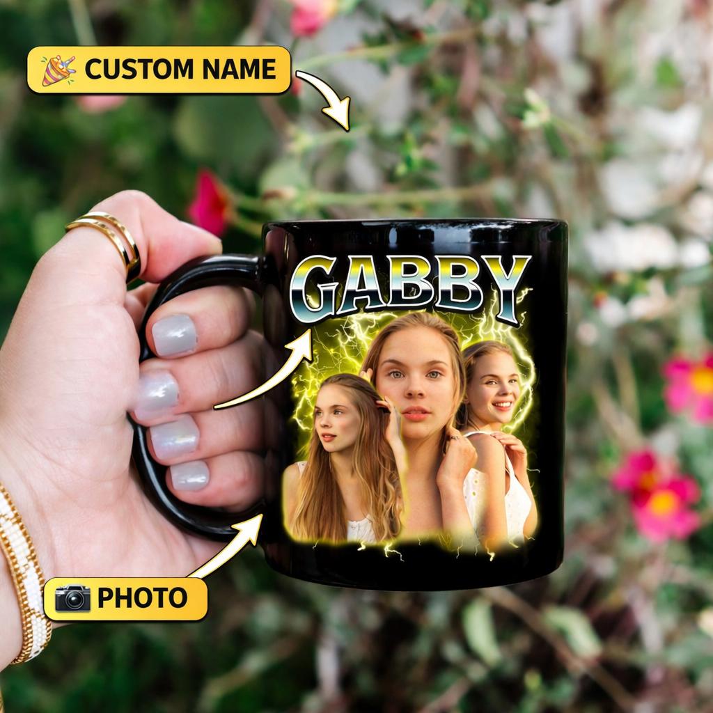 [Flash Deals] BojiArtist Personalized Custom Name Mug - Custom Photo 90s Bootleg Rap Style Coffee Cup, Awesome Retro Lightning Text Color Choice, Mother's Day Gift, Birthday Surprise Cup 3