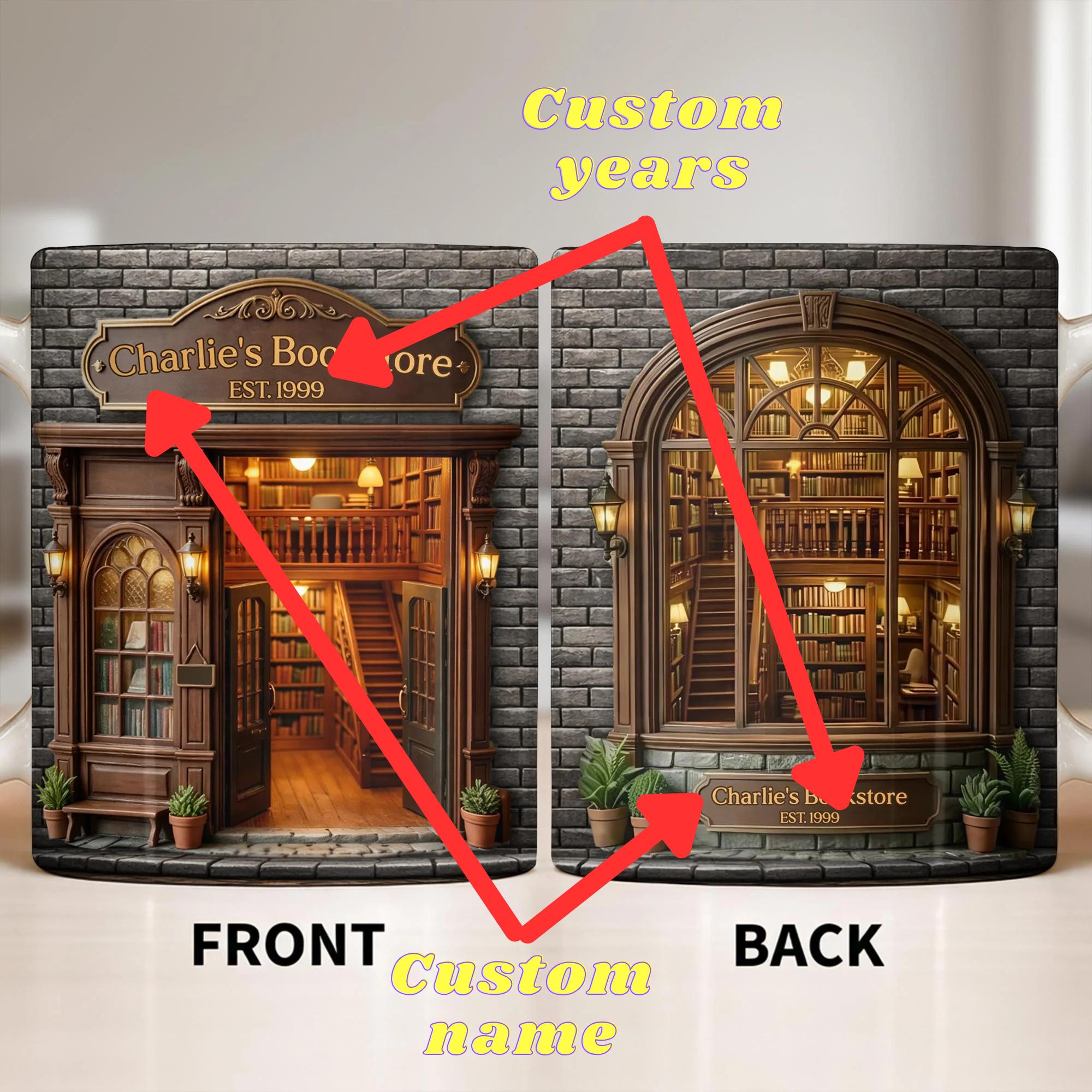 [Flash Deals] BojjiArtist Personalized Miniature Bookstore 3D Effect Coffee Mug – Custom Name Book Lover Gift, Dark Academia Library Aesthetic Cup 2