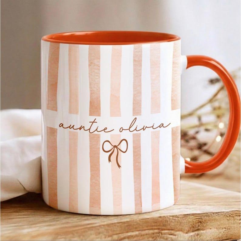 [Flash Deals] BojjiArtist Personalized Name Coffee Accent Mug, Custom Watercolor Stripe Ceramic Cup with Bow, Unique Mother's Day Gift for Auntie, Aesthetic Personalized Birthday Gift for Her 3