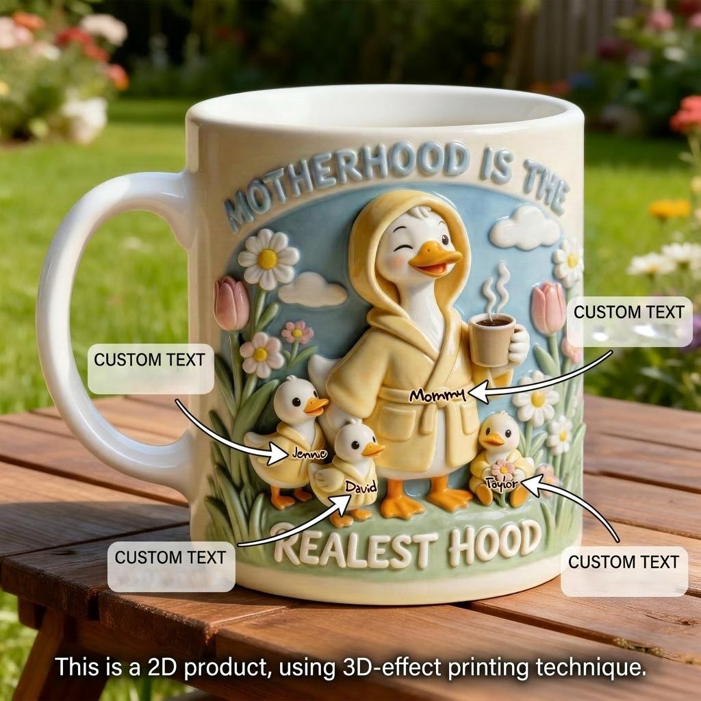 Personalized Motherhood Is The Realest Hood Mug, Custom Kids Names Ducklings Coffee Cup, Mother's Day Gift, 3D Inflated Effect Print 2D Ceramic Mug, Unique Mom Gift 2