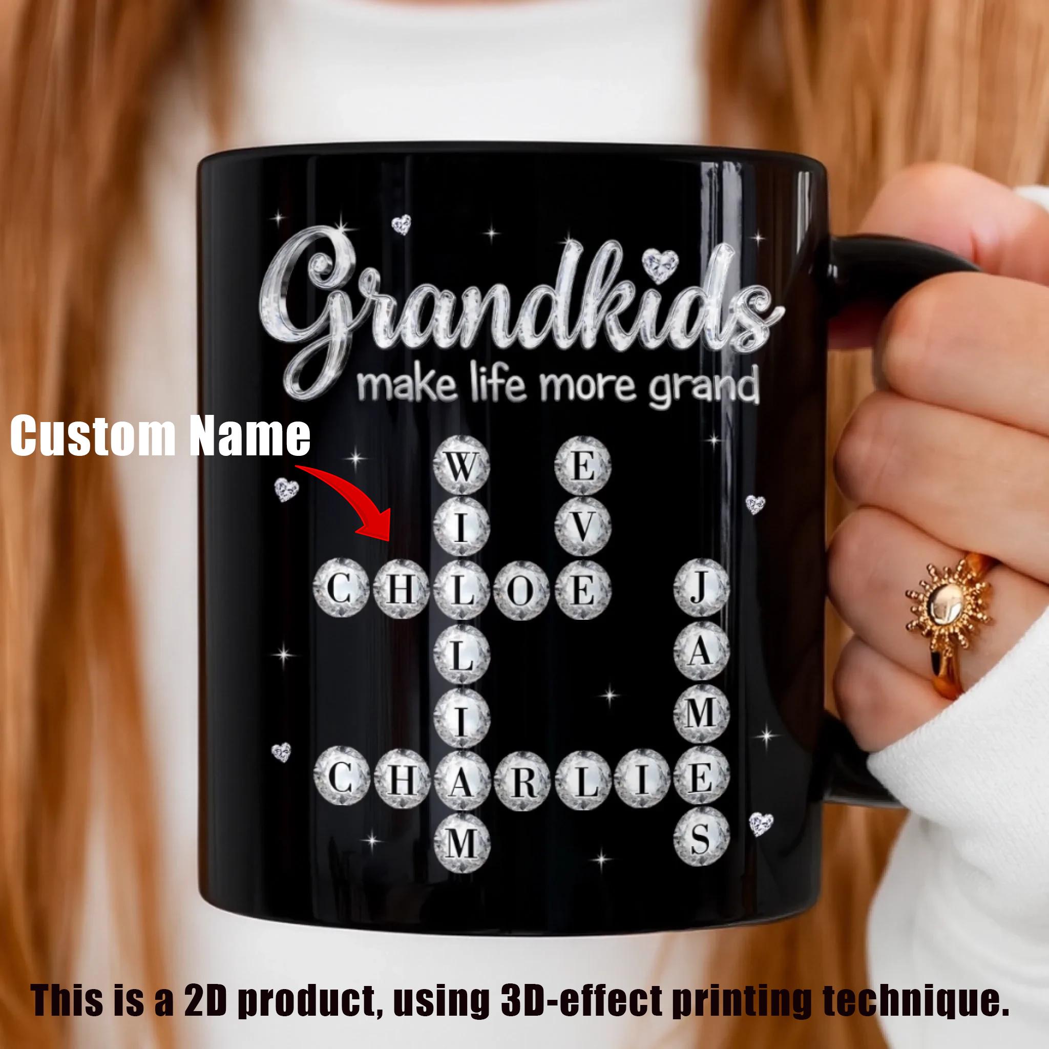 Personalized Grandkids Crossword Mug, Custom Name Diamond Coffee Cup, Mother's Day Gift, 3D Inflated Effect Print 2D Ceramic Mug, Gift For Grandma Nana Gigi 2