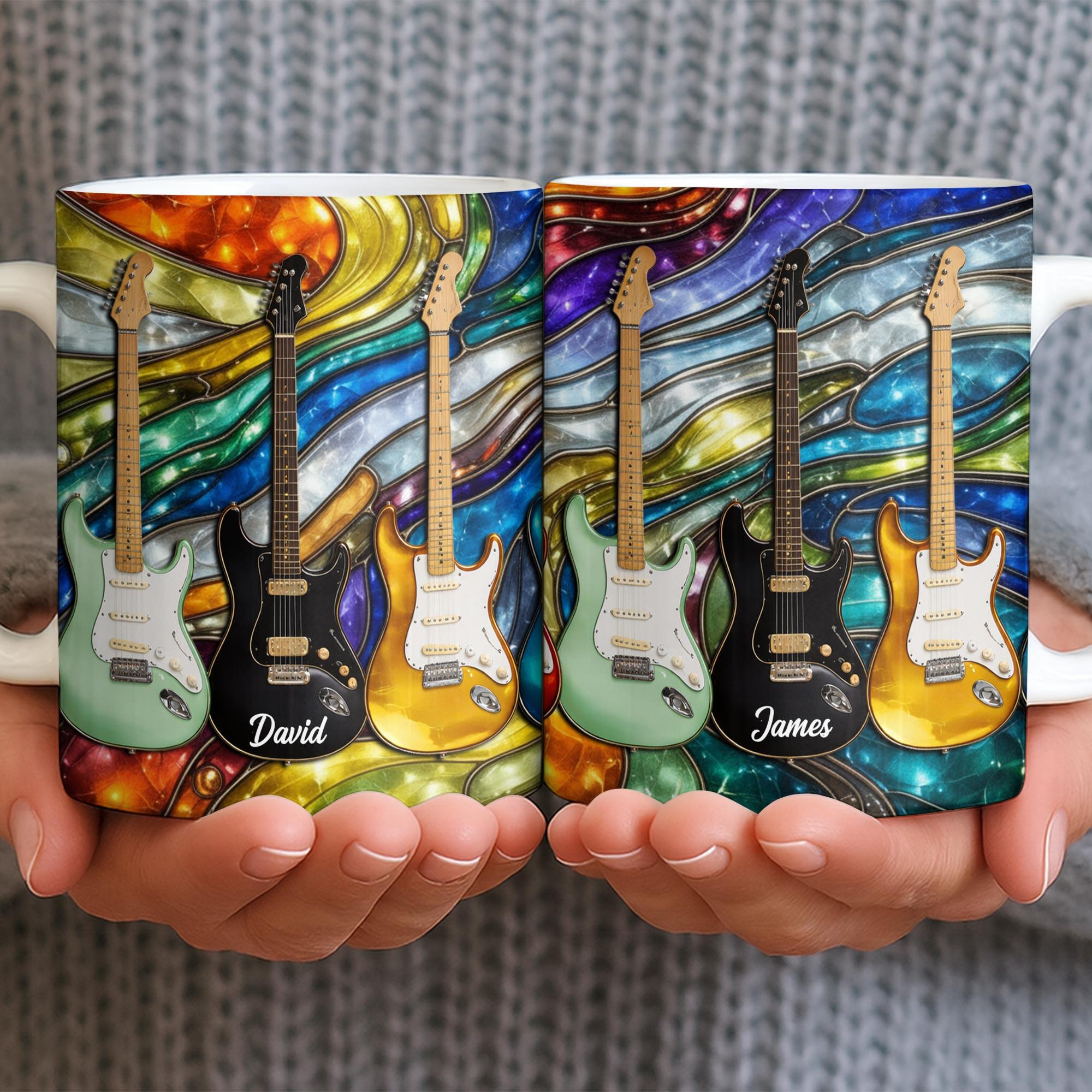Personalized Stained Glass Guitar Mug, Custom Name Coffee Cup, Musician Birthday Gift, 3D Inflated Effect Print 2D Ceramic Mug, Choice Of Color, Gift For Dad Brother Guitarist 4