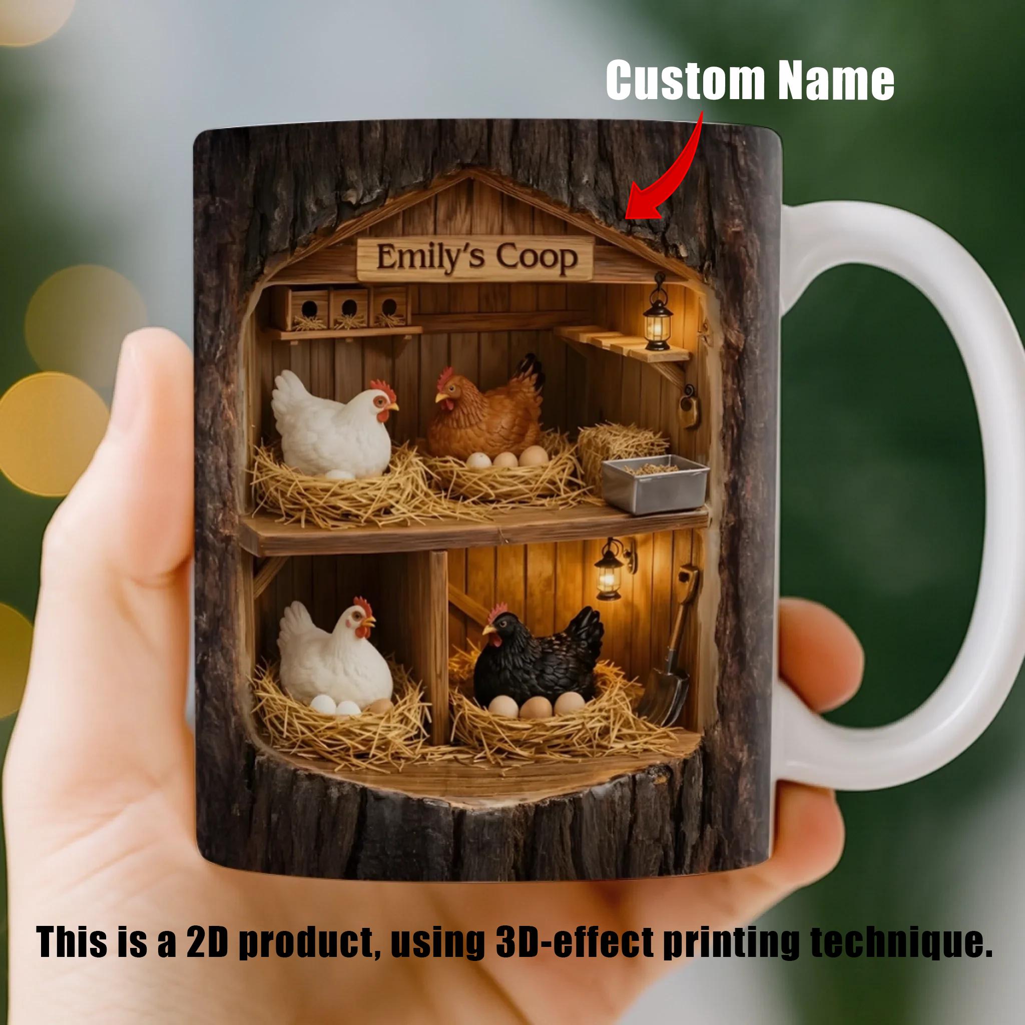 Personalized Chicken Coop Mug, Custom Name Farmhouse Coffee Cup, Mother's Day Gift, 3D Inflated Effect Print 2D Ceramic Mug, Hen Chicken Lover Gift For Mom Nana 2