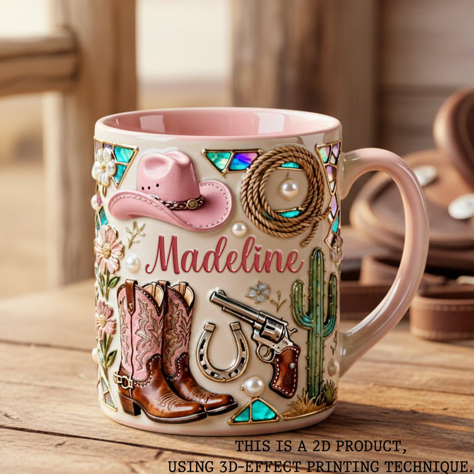 Personalized Coastal Cowgirl Aesthetic Mug, Custom Name Pink Western Coffee Cup, Pink Cowboy Hat & Boots Drinkware, Boho Rodeo Queen Gift for Her, Desert Vibes Iridescent Ceramic Mug, Whimsical Western Core Office Decor 2