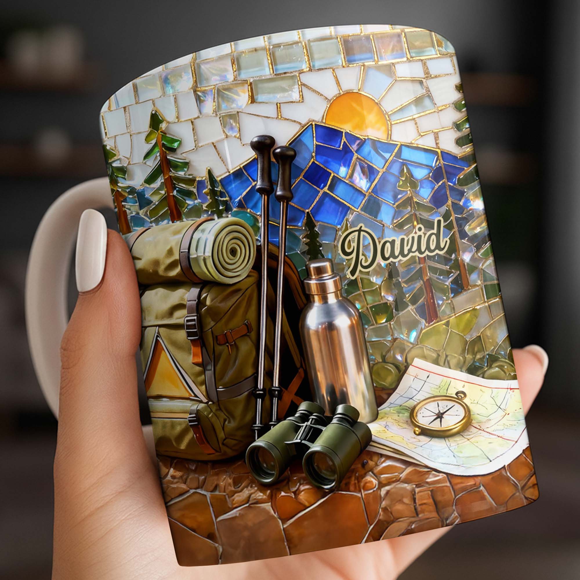 [Flash Deals] BojjiArtist Personalized Camping Mountain Mosaic Full Bleed Mug – Custom Name Hiking Coffee Cup, 3D Effect Wilderness Explorer Design, Unique Nature Lover Gift for Campers & Adventurers 3