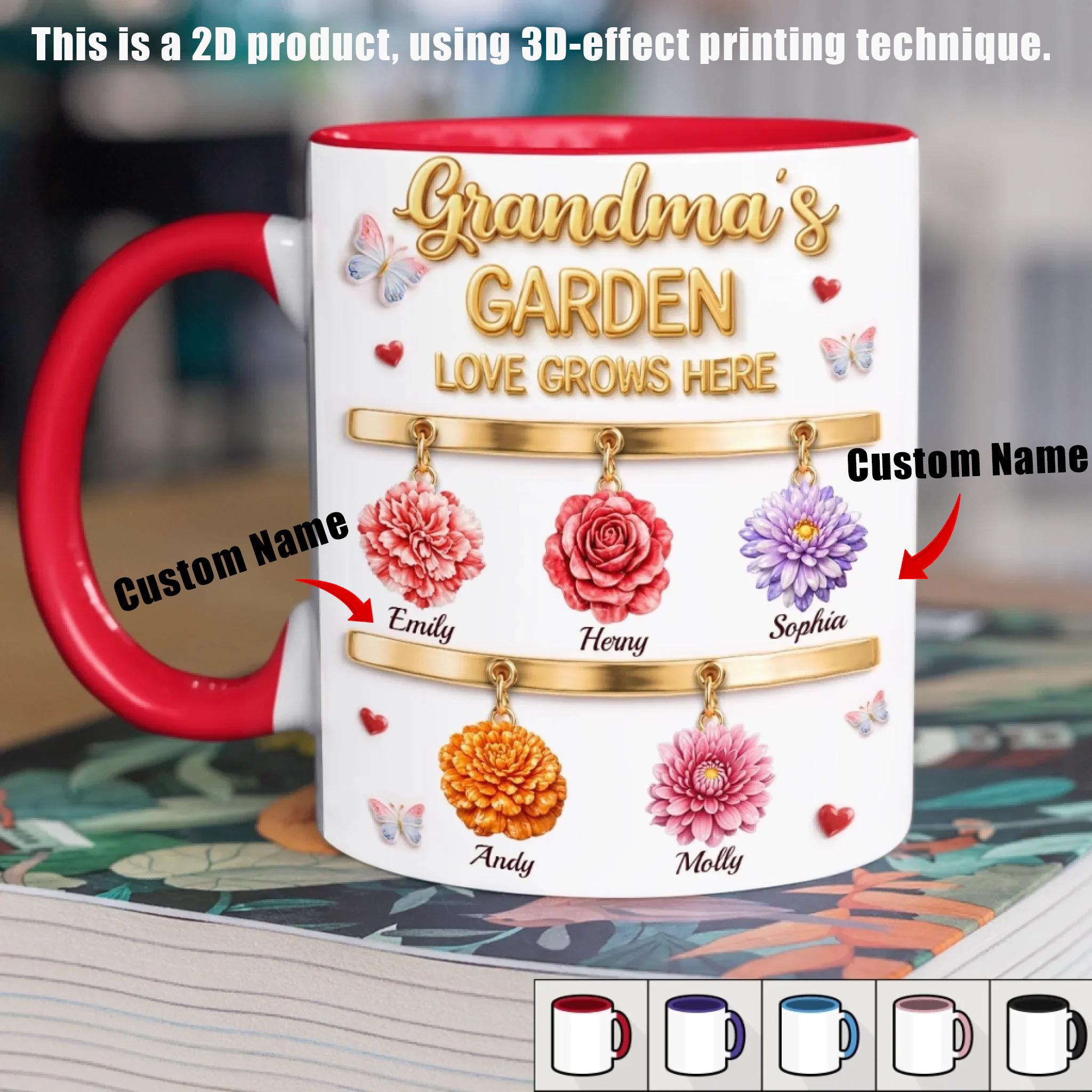 Personalized Grandma's Garden Mug, Custom Name Flower Cup, Mother's Day Gift, 3D Inflated Effect Print 2D Ceramic Mug, Love Grows Here, Unique Gift For Nana Gigi 2