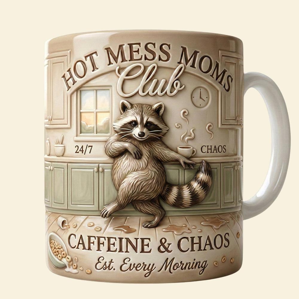 Personalized Hot Mess Moms Club Raccoon Mug, Custom Name Caffeine And Chaos Coffee Cup, Mother's Day Gift, 3D Inflated Effect Print 2D Mug, Funny Mama Family Gift 4