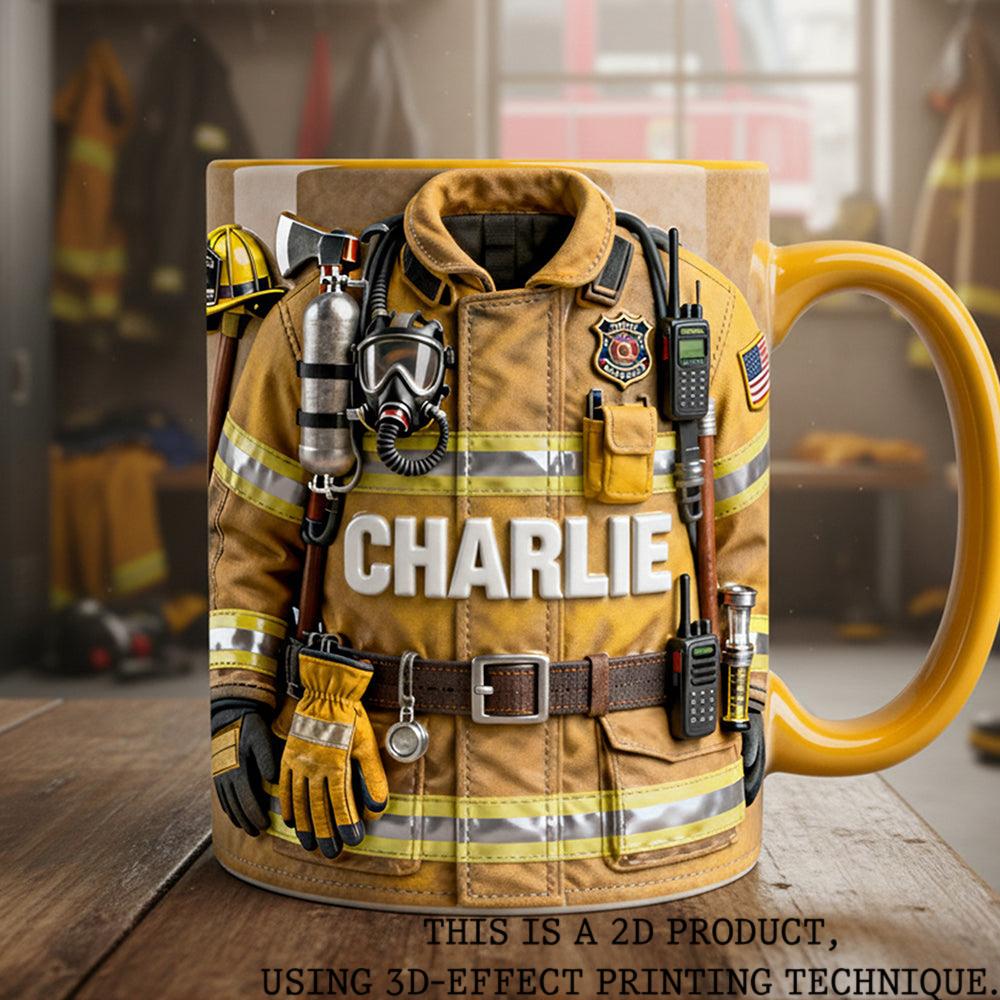 Personalized Firefighter Turnout Gear Mug, Custom Name Fireman Coffee Cup, First Responder Aesthetic Drinkware, Hero Gift for Him, Volunteer Firefighter Commemorative Mug, Fire Chief Gear Graphic Cup 3