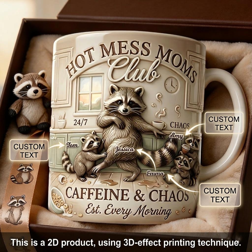 Personalized Hot Mess Moms Club Raccoon Mug, Custom Name Caffeine And Chaos Coffee Cup, Mother's Day Gift, 3D Inflated Effect Print 2D Mug, Funny Mama Family Gift 2
