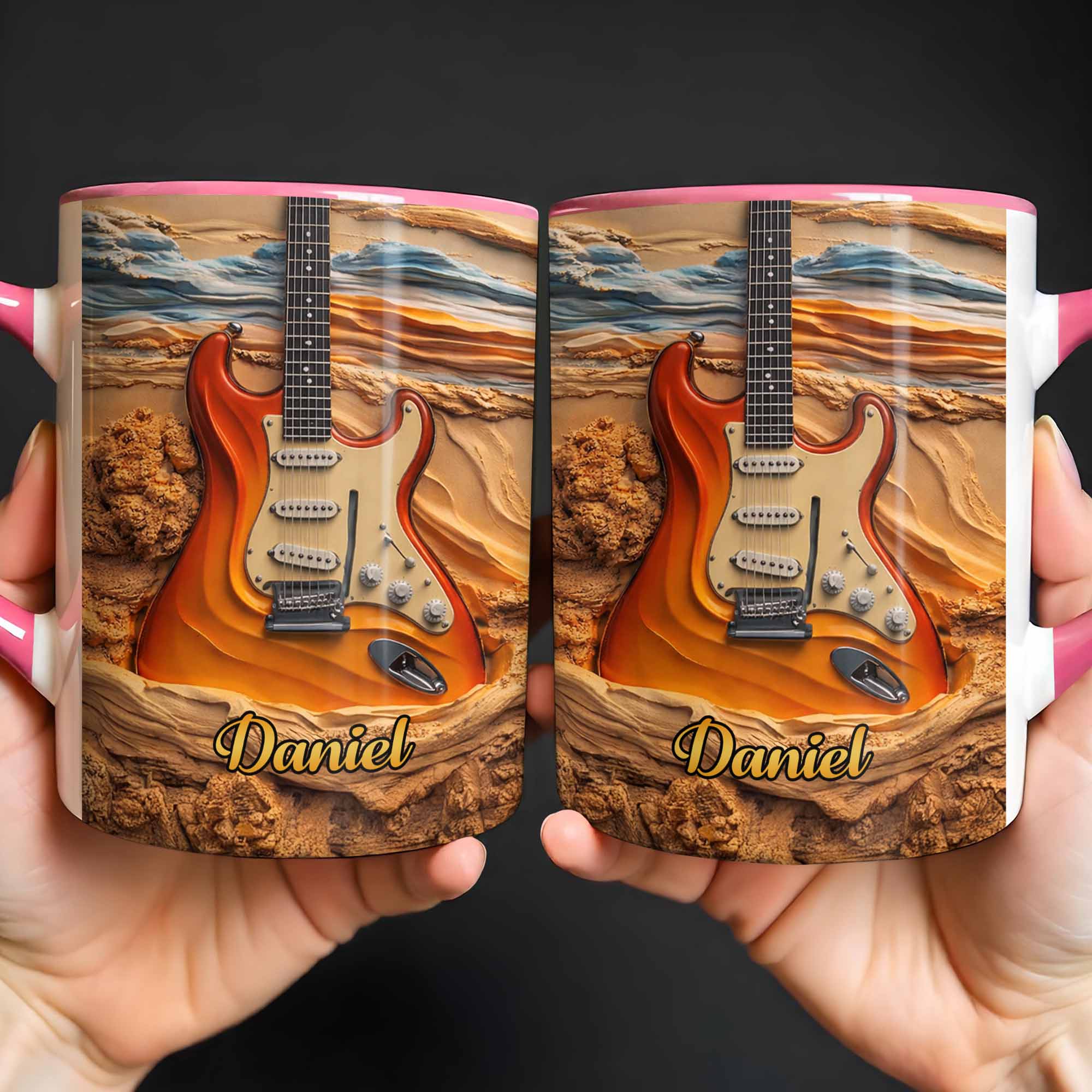 [Flash Deals] BojjiArtist Personalized Electric Guitar Canyon Coffee Mug – Custom Name Rockstar Gift, 3D Effect Sunburst Guitar Illustration Cup, Music Teacher Appreciation Present 4
