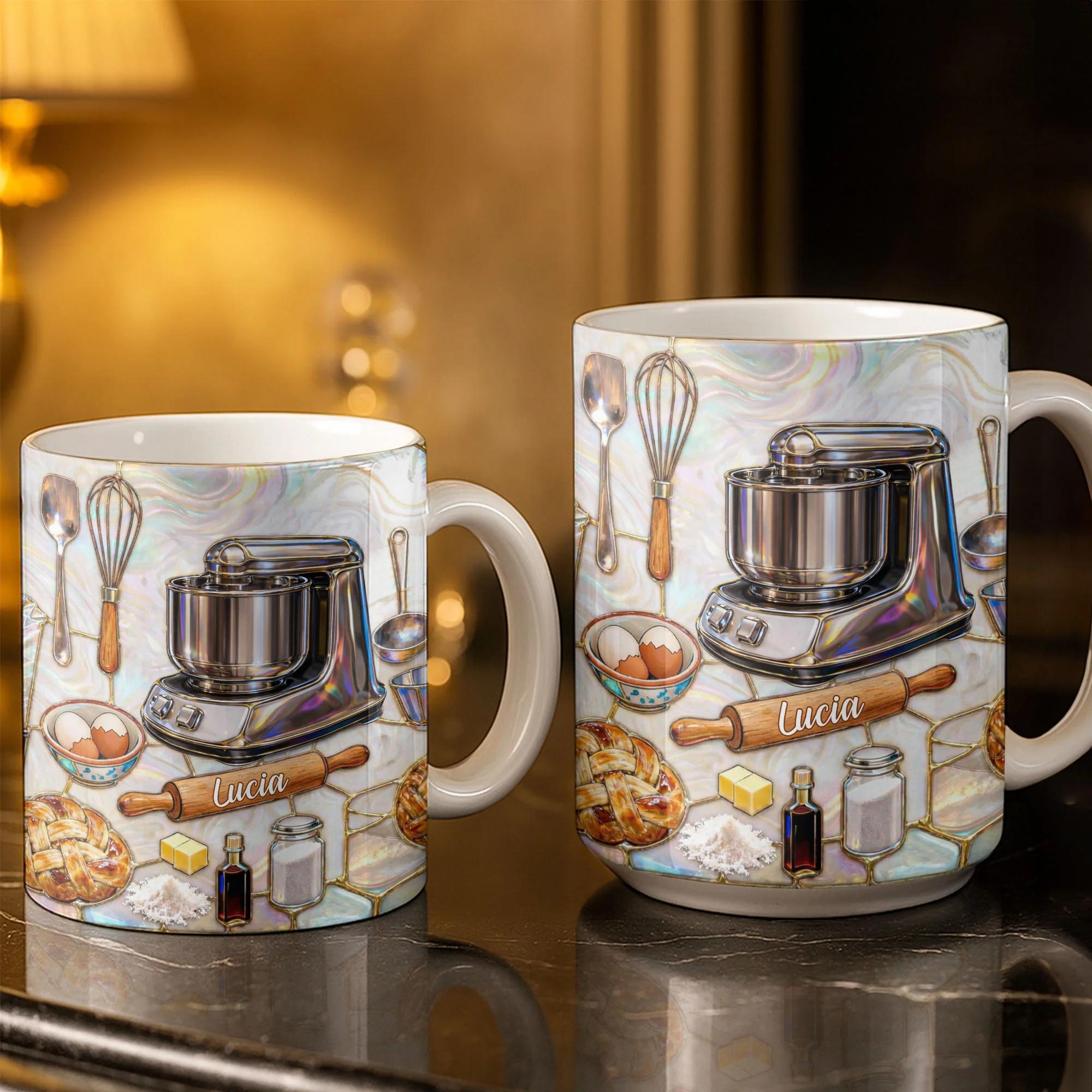 [Flash Deals] BojjiArtist Personalized Baker's Kitchen 3D Abalone Sell Effect Coffee Mug – Custom Name Pastry Chef Gift, Iridescent Mother of Pearl Mosaic Baking Cup, Whimsical Kitchen Aesthetic Decor 4