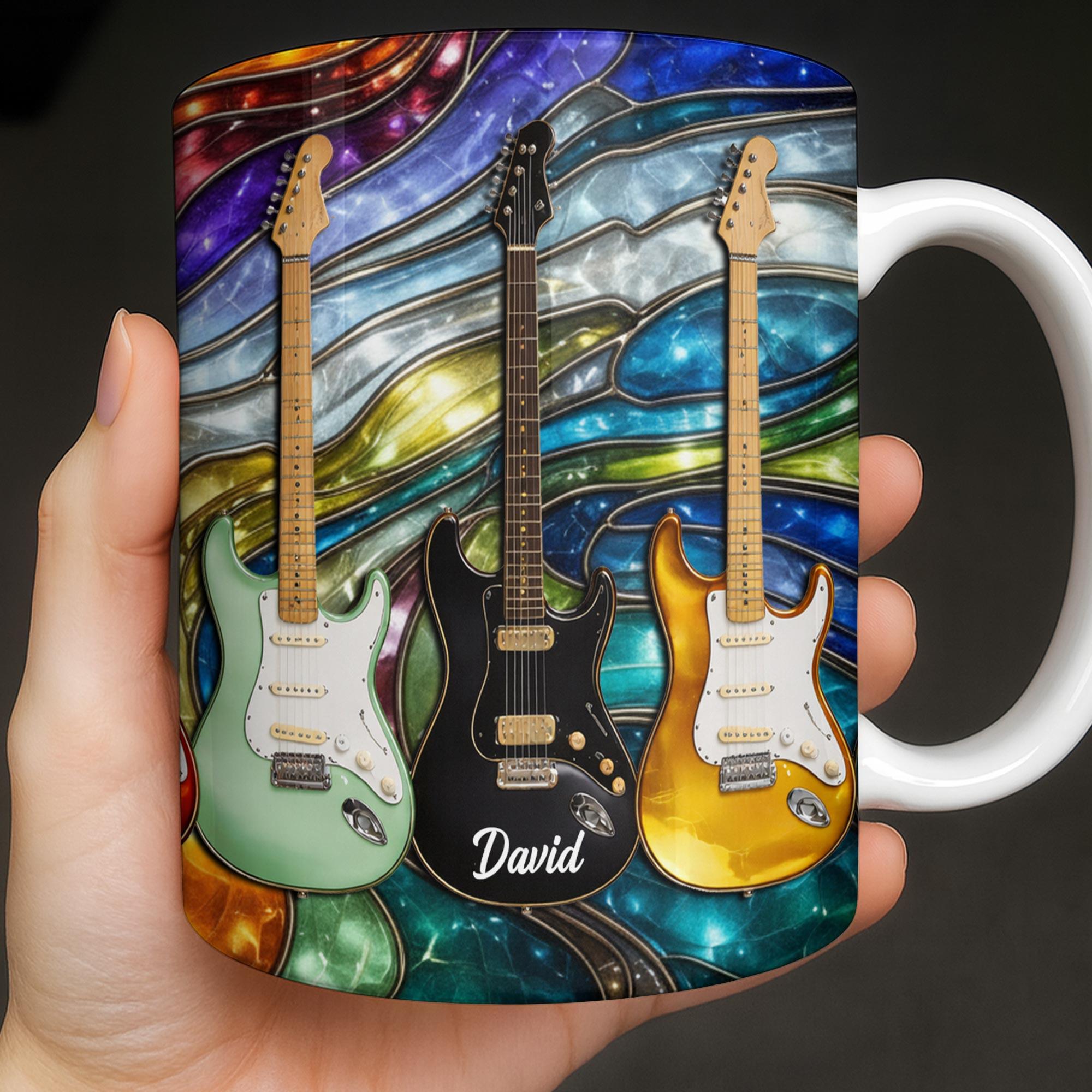 Personalized Stained Glass Guitar Mug, Custom Name Coffee Cup, Musician Birthday Gift, 3D Inflated Effect Print 2D Ceramic Mug, Choice Of Color, Gift For Dad Brother Guitarist 3