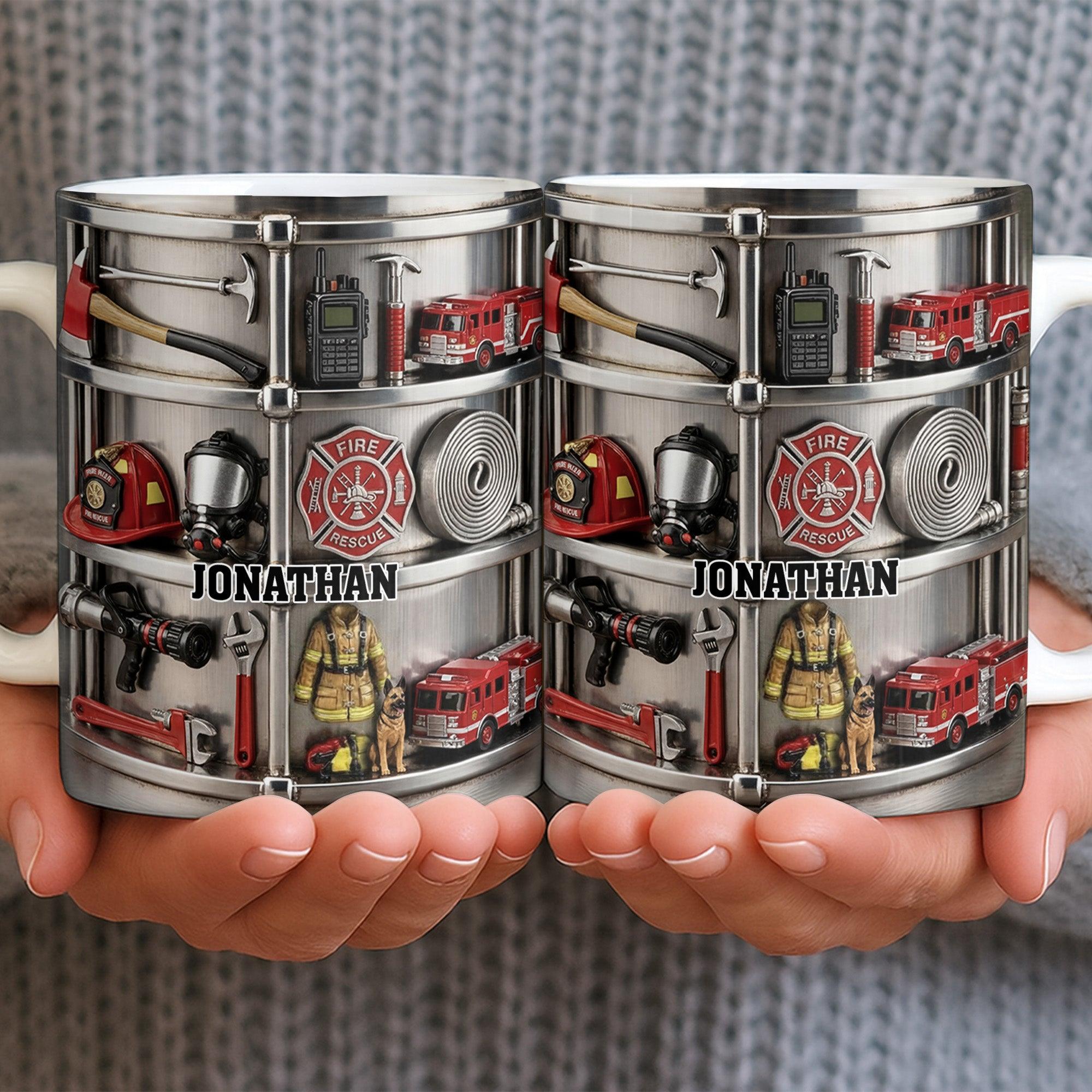 Personalized Firefighter Mug, Custom Name Fire Rescue Coffee Cup, Hero Fireman Tools Truck Gift, 3D Inflated Effect Print 2D Ceramic Mug, Best Father's Day Gift 3