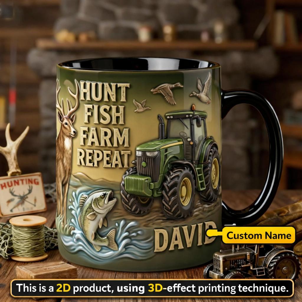 Personalized Hunt Fish Farm Repeat Mug, Custom Name David Outdoor Gift, Unique Farmer Hunter Fisherman Drinkware, Whimsical Country Life Accessory, Rugged Men's Gift Idea 2