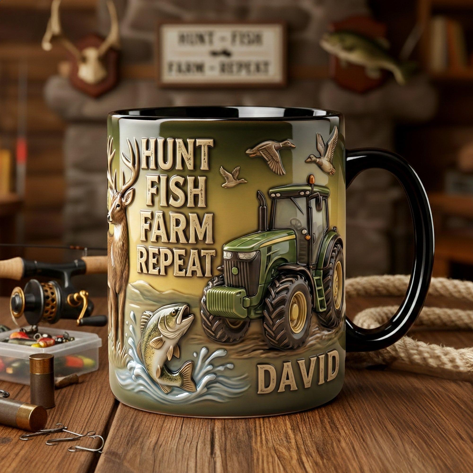 Personalized Hunt Fish Farm Repeat Mug, Custom Name David Outdoor Gift, Unique Farmer Hunter Fisherman Drinkware, Whimsical Country Life Accessory, Rugged Men's Gift Idea 4