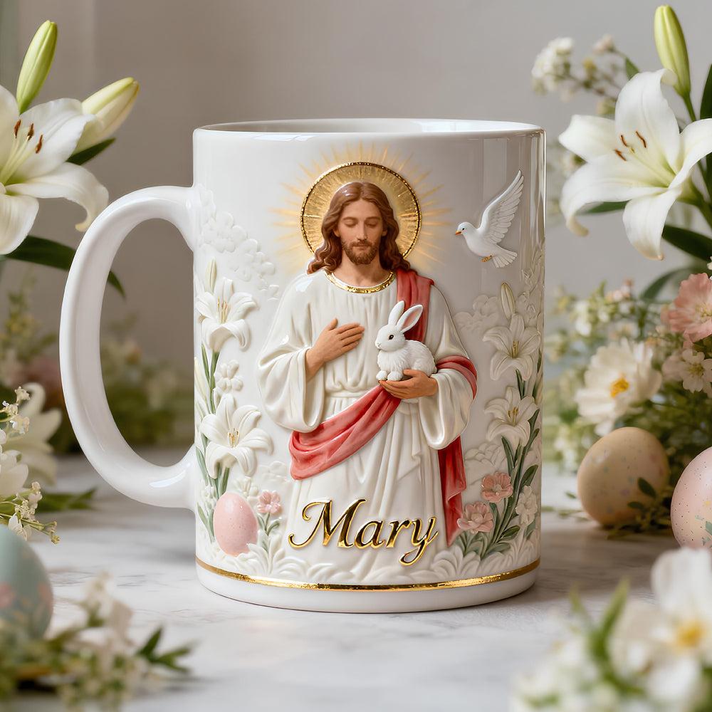Personalized Jesus Easter Mug, Custom Name Religious Coffee Cup, Christian Mother's Day Gift, 3D Inflated Effect Print 2D Ceramic Mug, Rabbit Lily Spiritual Gift