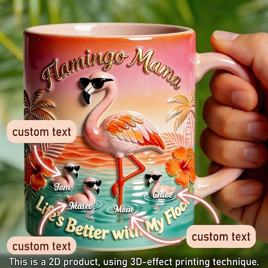 Personalized Flamingo Mama Mug, Custom Name Coffee Cup, Mother's Day Gift, Life Is Better With My Flock, 3D Inflated Effect Print 2D Mug, Unique Tropical Gift 2
