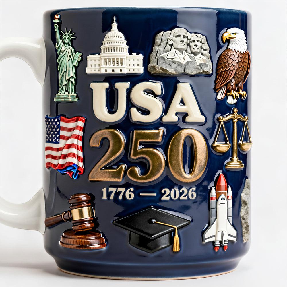 USA 250th Anniversary Commemorative Mug, 1776-2026 Semiquincentennial Coffee Cup, Patriotic America 250 Ceramic Drinkware, Historical Landmarks Relief Style Mug, Proud American Heritage Gift, 4th of July Celebration Cup 4