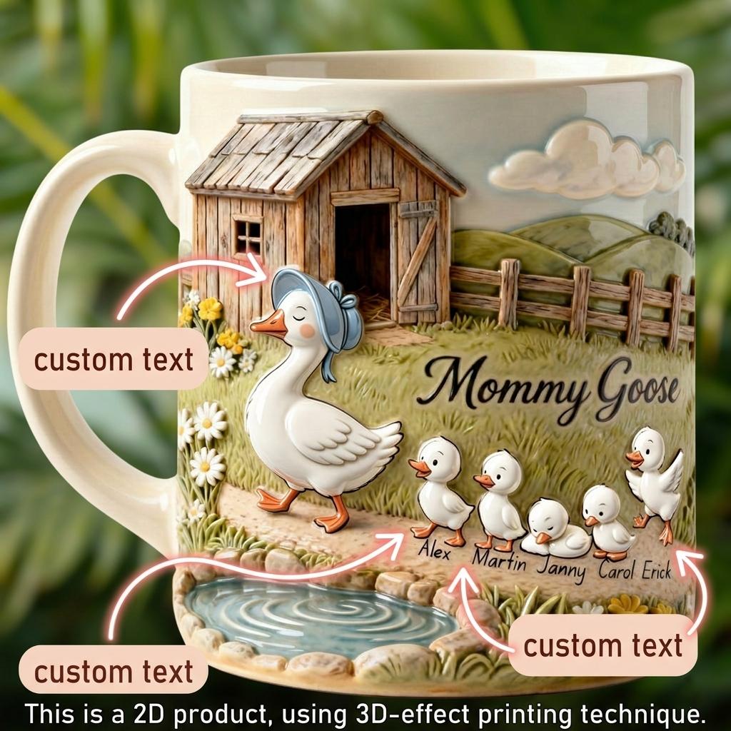 Personalized Mommy Goose Mug, Custom Names Ducklings Coffee Cup, Mother's Day Gift, 3D Inflated Effect Print 2D Ceramic Mug, Unique Nana Grandma Family Gift 2