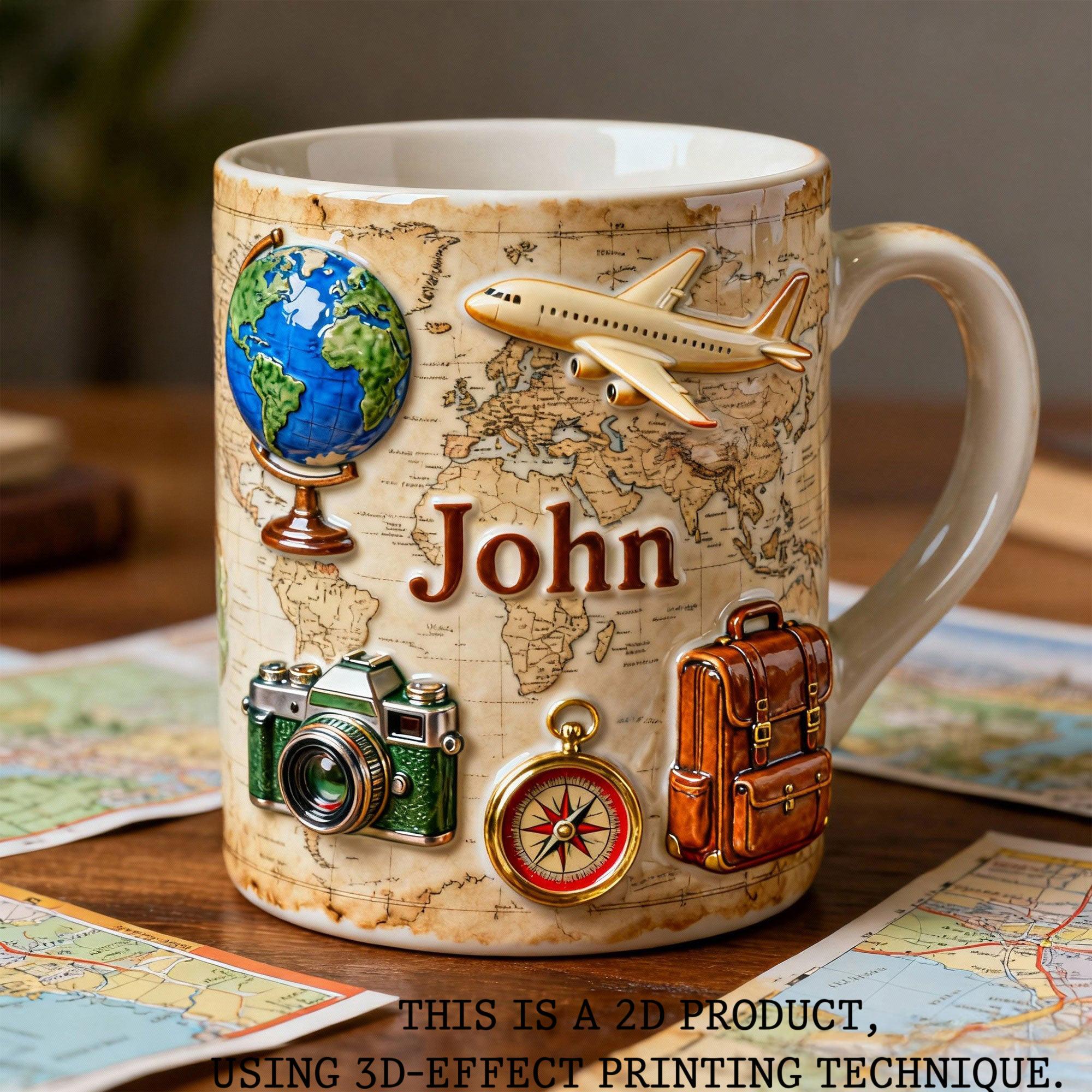 Personalized World Map Adventure Mug, Custom Name Travel Coffee Cup, Vintage Map Aesthetic Mug, Wanderlust Gift for Him, Retro Camera & Globe Travelcore Drinkware, Explorer Themed Office Mug, Personalized Graduation Gift 3